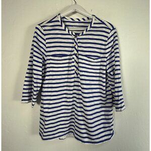 Chico's Womens Blue White Striped The Ultimate Tee Henley Shirt Large 3/4 Sleeve